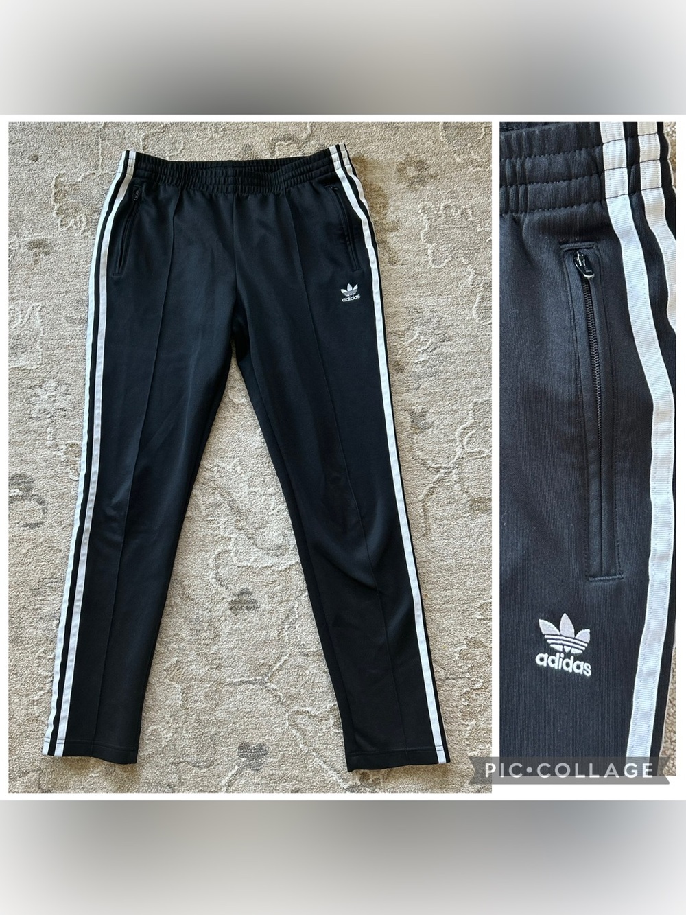 adidas Black Tapered Leg Track Pants with Ankle Zipper and White Stripes
